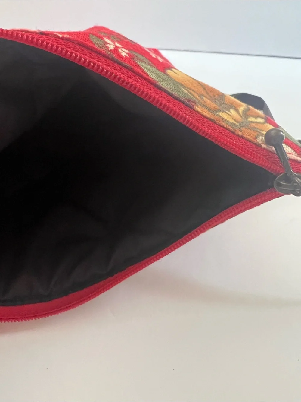 Asian Inspired Red Floral Crossbody with Brown Grosgrain Ribbon Strap